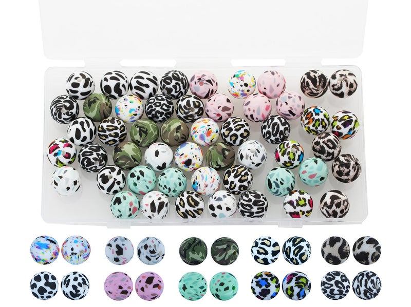 BetterJonny 50 Pieces Silicone Beads BetterJonny 10 Colors Loose Beads with Storage Box 15mm Cow Leopard Print Round Beads for Necklace Bracelet DIY Crafts 