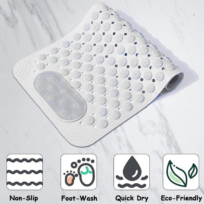 JUGTE Anti Skid Mat for Bathroom Floor Shower mats for Bathroom Anti Slip with Foot Scrubber Bath mat Anti Slip with Suction Cups & Drain Holes (70x35 Cm) (White) - Image 1