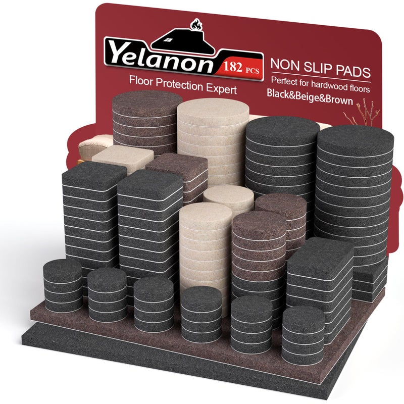 Yelanon Felt Furniture Pads 182 Pcs Premium Felt Pads for Chair Legs Furniture Floor Protectors for Hardwood Floors Mix Color