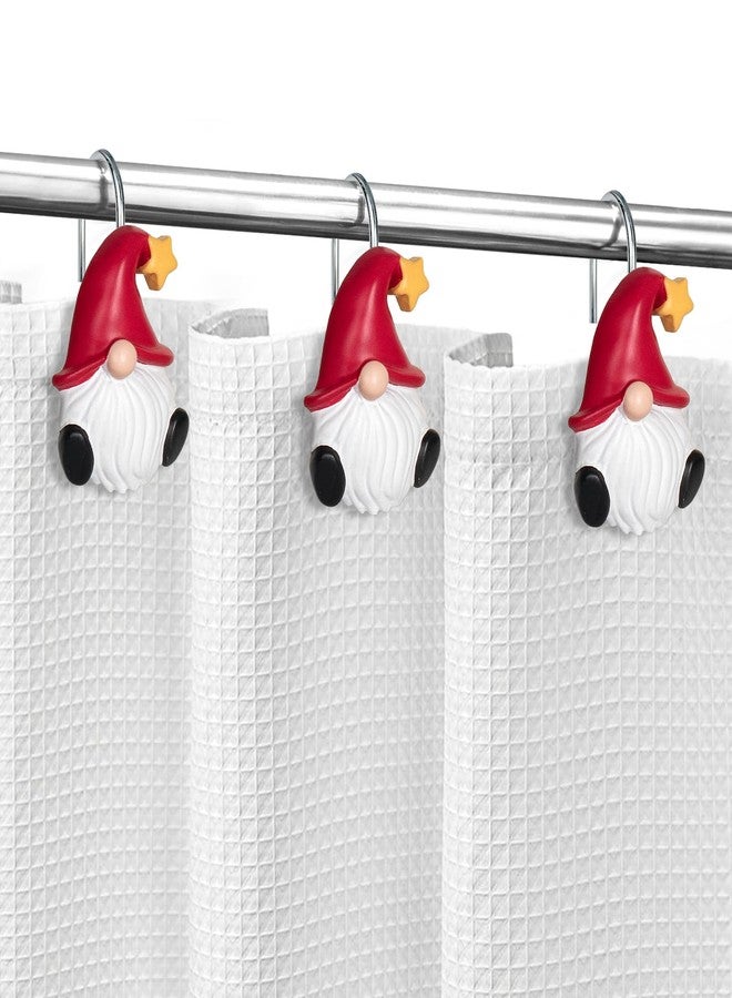 Sunlit Christmas Shower Curtain Hooks, Gnome Shower Curtain Rings, Hand Painted Resin Christmas Decor, Winter Bathroom Decoration, Red Hat with Yellow Star, Set of 12 - Image 5