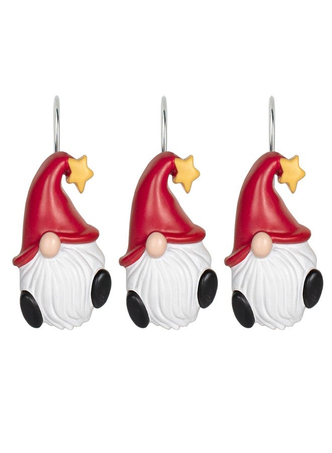 Sunlit Christmas Shower Curtain Hooks, Gnome Shower Curtain Rings, Hand Painted Resin Christmas Decor, Winter Bathroom Decoration, Red Hat with Yellow Star, Set of 12 - Image 2