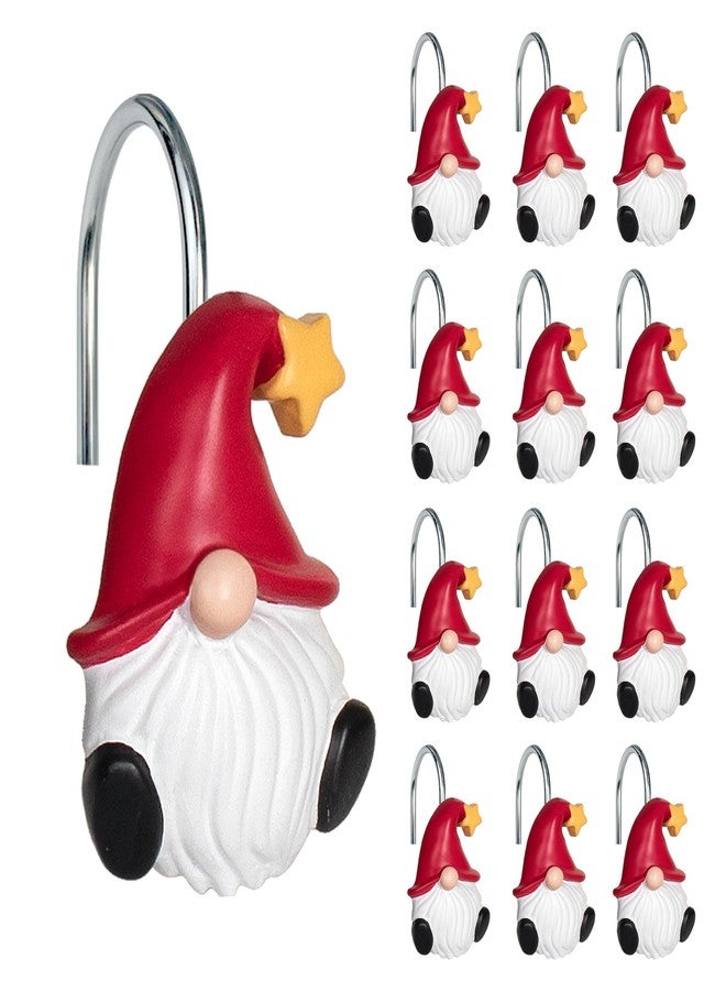 Sunlit Christmas Shower Curtain Hooks, Gnome Shower Curtain Rings, Hand Painted Resin Christmas Decor, Winter Bathroom Decoration, Red Hat with Yellow Star, Set of 12 - Image 1