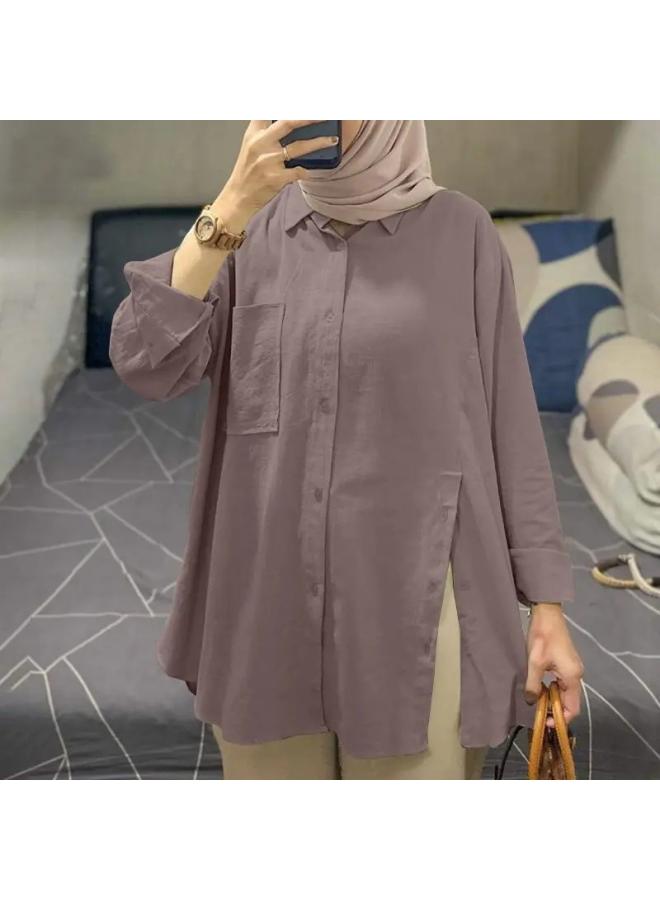 VUELO Fashion Women's Lapel Long Sleeve Muslim Blouse Autumn Split Hem Blouse Elegant Solid Color Top - Image 3