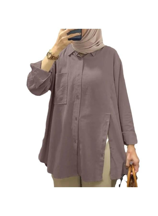 VUELO Fashion Women's Lapel Long Sleeve Muslim Blouse Autumn Split Hem Blouse Elegant Solid Color Top - Image 4