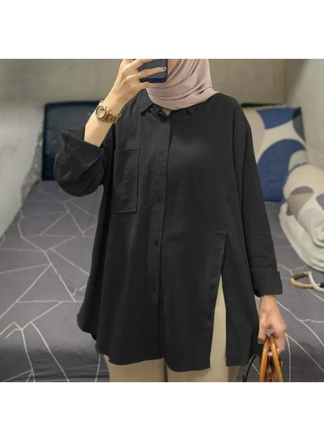 VUELO Fashion Women's Lapel Long Sleeve Muslim Blouse Autumn Split Hem Blouse Elegant Solid Color Top - Image 2