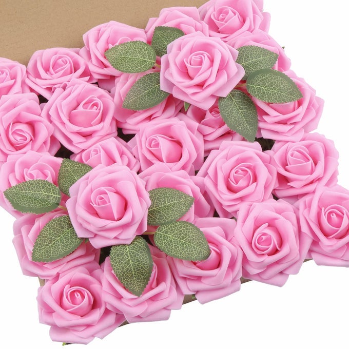 25PCS ARTIFICIAL ROSES FLOWERS FAKE ROSES WITH STEMS REAL TOUCH FOAM FLOWERS FOR DIY WEDDING BOUQUET CENTERPIECE FLORAL ARRANGEMENT PARTY HOME DECORPINK