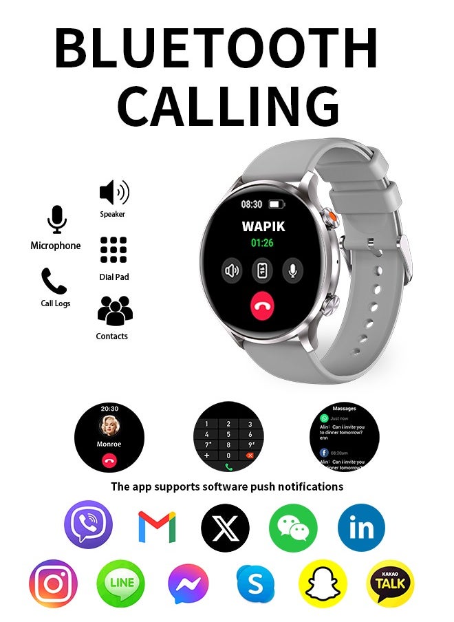 WAPIK - Korean Brand Smart Watch Y5，Business Smartwatch, Waterproof Fitness Watch, Bluetooth Calling, Compatible with Android and iOS,Smartwatch For Men, Zinc Alloy Vacuum Plating, Heart Rate Monitoring, Silver - Image 1