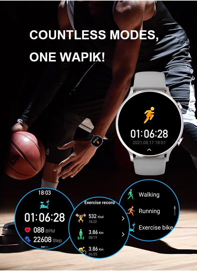 WAPIK - Korean Brand Smart Watch Y5，Business Smartwatch, Waterproof Fitness Watch, Bluetooth Calling, Compatible with Android and iOS,Smartwatch For Men, Zinc Alloy Vacuum Plating, Heart Rate Monitoring, Silver - Image 1
