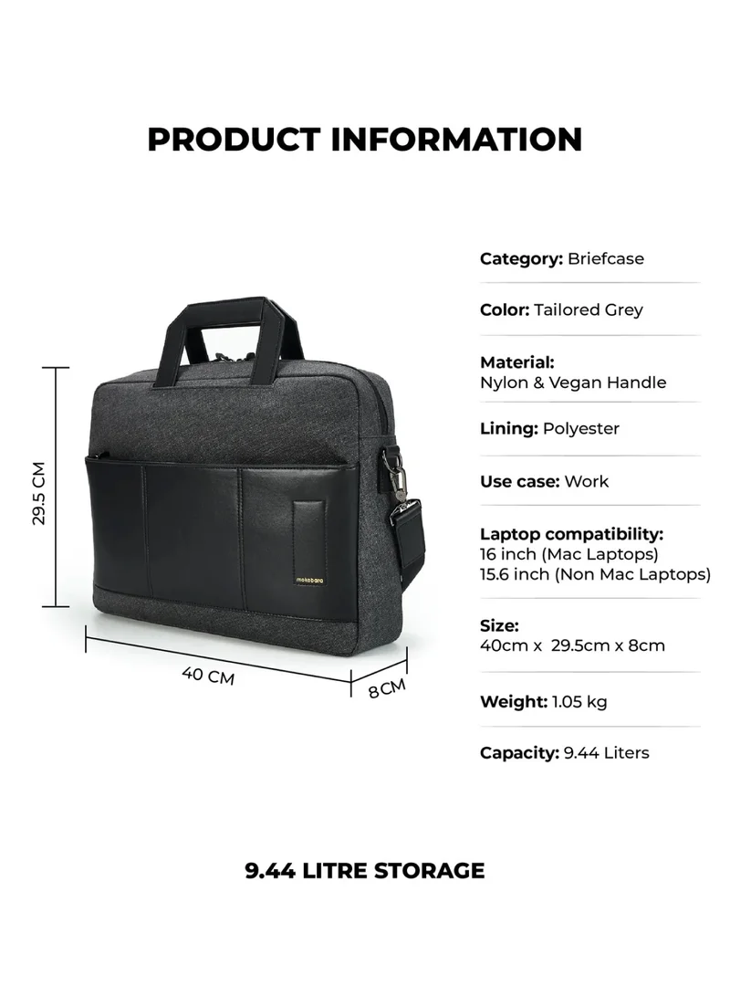 Mokobara MOKOBARA The Briefcase With Adjustable Shoulder Strap Vegan Leather, Water Resistant, Grey, Fits upto 15.6" Laptops (Unisex,  Tailored Grey)