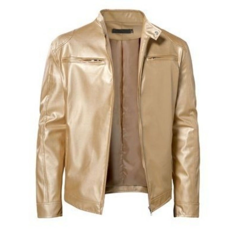 Business Gentleman Zipper Cardigan Pocket Decorated Pu Leather Jacket Jacket With Vertical Collar Slim-Fit Zipper Leather Jacket - Image 1