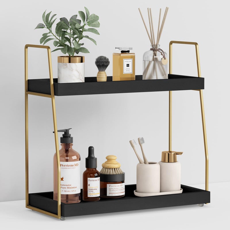 Forbena Black and Gold Bathroom Organizer Countertop, 2 Tier Counter Organizer for Bathroom Decor, Modern Sink Organizer Shelf for Vanity Storage, Organizer Tray for Makeup Bedroom - Image 1