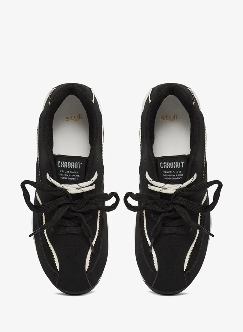 Styli Black Textured Lace-Up Retro Sneakers for Women | Best Price UAE