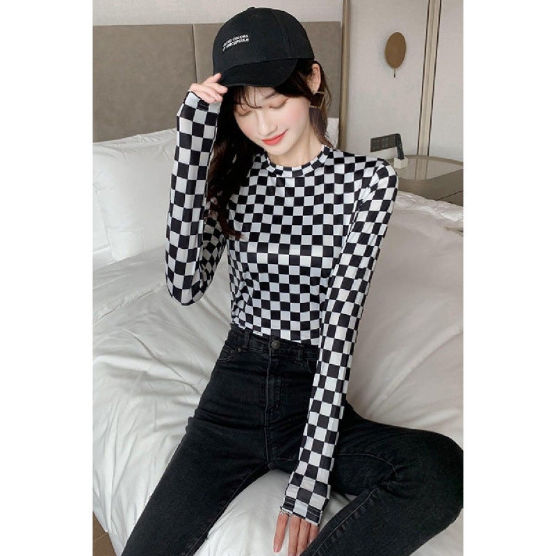 Checkerboard Plaid Bottoming Shirt, Age-Reducing Street Style Girl'S Top, Layered With Sun Protection And Stylish Shirt - Image 3