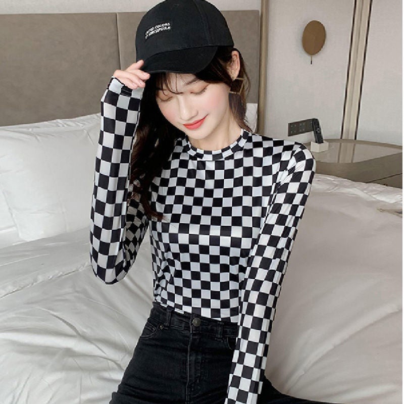 Checkerboard Plaid Bottoming Shirt, Age-Reducing Street Style Girl'S Top, Layered With Sun Protection And Stylish Shirt - Image 5