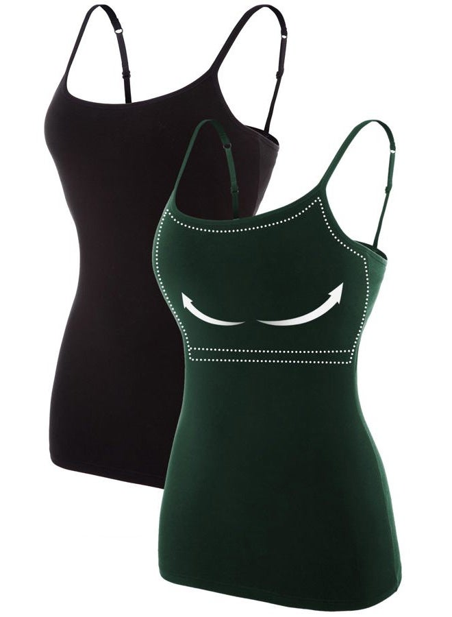 ATTRACO Women's Cotton Camisole Shelf Bra Spaghetti Straps Tank Top 2 Packs, Black/ Green, M - Image 1