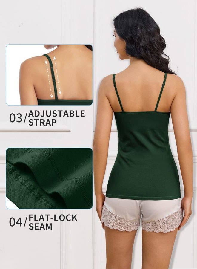 ATTRACO Women's Cotton Camisole Shelf Bra Spaghetti Straps Tank Top 2 Packs, Black/ Green, M - Image 5