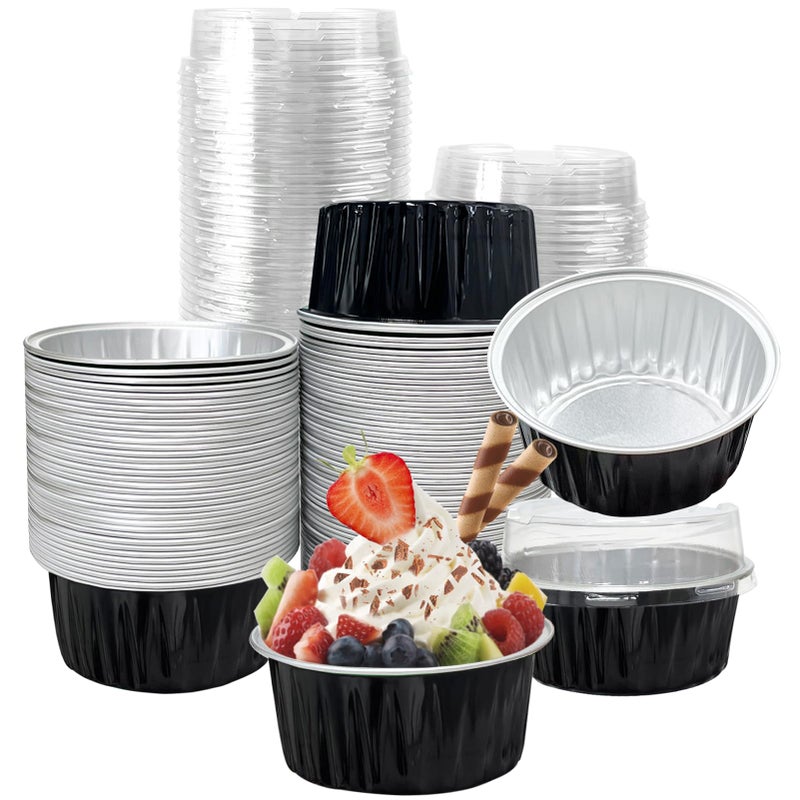 100Pcs Aluminum Cups with Lids5oz Disposable Ramekin Baking Cups Muffin Liners Mini Pie Pans Foil Cupcake Containers for Christmas Party Wedding PartyBlack