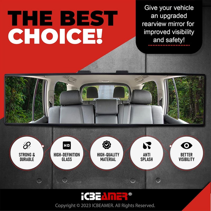 ICBEAMER 10.6" Clip On Rear View Mirror | Convex Clear Tint, Panoramic Wide Angle HD Glass, Anti Glare, Universal Fit for Car, SUV, Truck | Eliminates Blind Spots (1 Pack) - Image 2