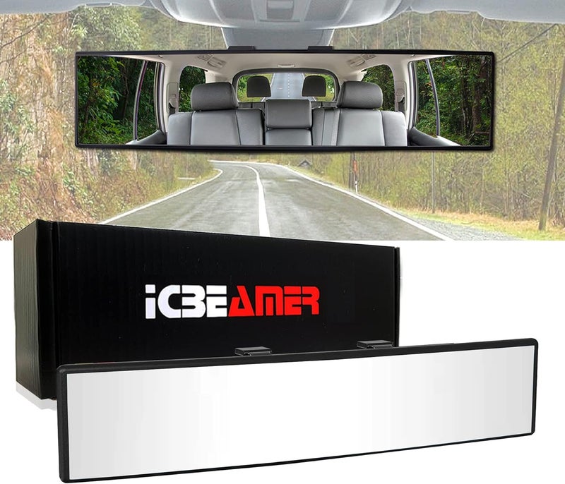 ICBEAMER 10.6" Clip On Rear View Mirror | Convex Clear Tint, Panoramic Wide Angle HD Glass, Anti Glare, Universal Fit for Car, SUV, Truck | Eliminates Blind Spots (1 Pack) - Image 1