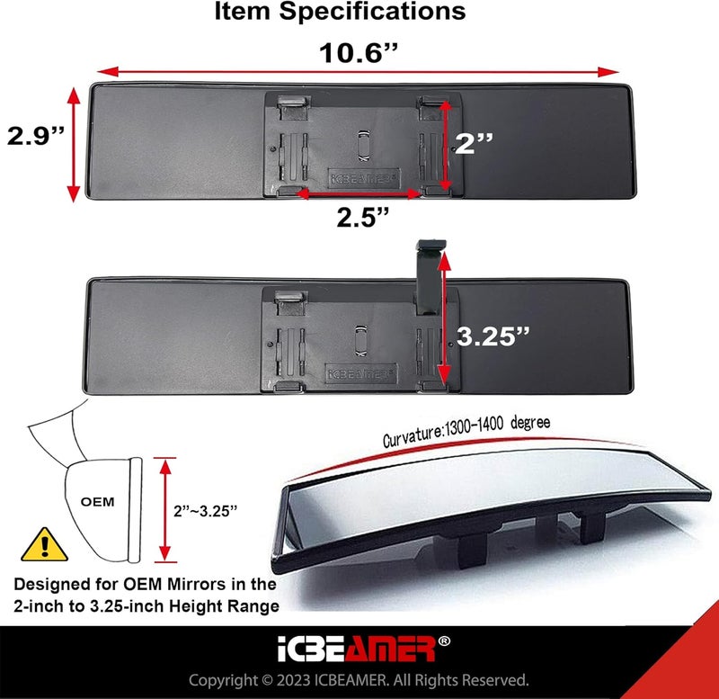ICBEAMER 10.6" Clip On Rear View Mirror | Convex Clear Tint, Panoramic Wide Angle HD Glass, Anti Glare, Universal Fit for Car, SUV, Truck | Eliminates Blind Spots (1 Pack) - Image 5