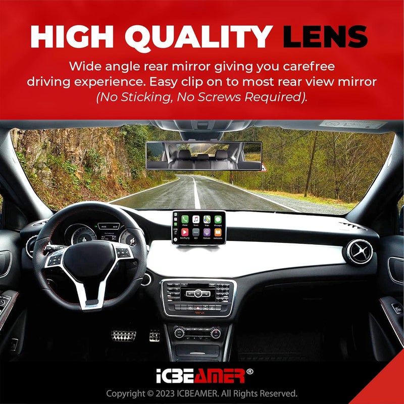 ICBEAMER 10.6" Clip On Rear View Mirror | Convex Clear Tint, Panoramic Wide Angle HD Glass, Anti Glare, Universal Fit for Car, SUV, Truck | Eliminates Blind Spots (1 Pack) - Image 3