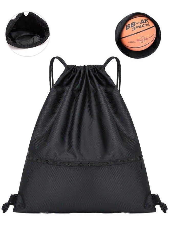 rocooart Drawstring Backpack,Sports Canvas Bag,Waterproof Oxford Fabric Drawstring Bag,Swimming Bag,Basketball Bag,Soccer Bag,Zipper 43*49cm(Black) - Image 1