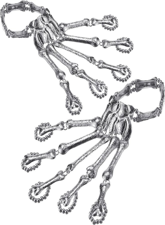 Jadive 2 Pieces Halloween Metal Skeleton Hand Bracelet Skull Finger Accessories Ghost Claw Ornament Gothic Jewelry Flexible Bracelet for Halloween Party Cosplay Costume Supplies - Image 1