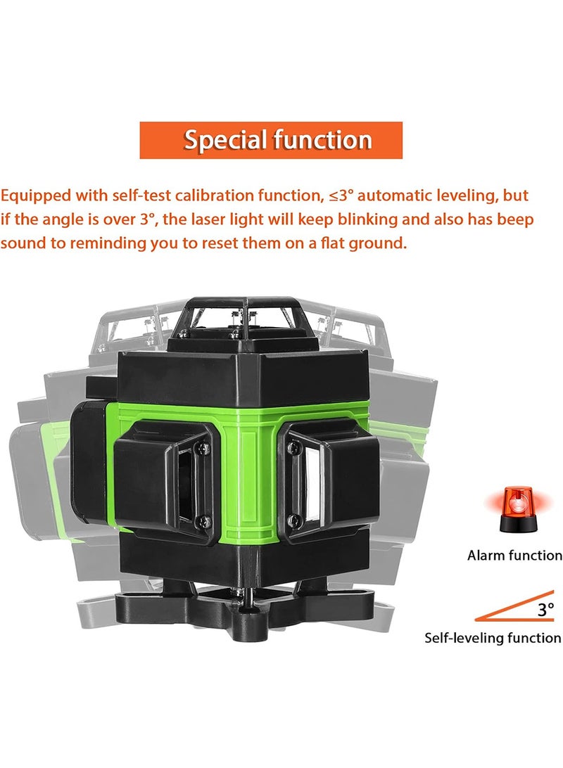 4D 16 خط ليزر مستوى التطبيق التحكم عن بعد متعددة الوظائف ، مع 3 درجة الذاتي الاستواء وظيفة النظام ، الأخضر الذاتي الاستواء ليزر مستوى 4x360 درجة الصليب الرأسي والأفقي ، مع اثنين من البطاريات القابلة