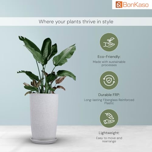 BonKaso 14 inch White Flower Pot – Tall, Durable & Lightweight Polymer Tower Planter for Indoor & Outdoor Use: Home, Office, Garden & Balcony (Gamla/Gamale) - Image 2