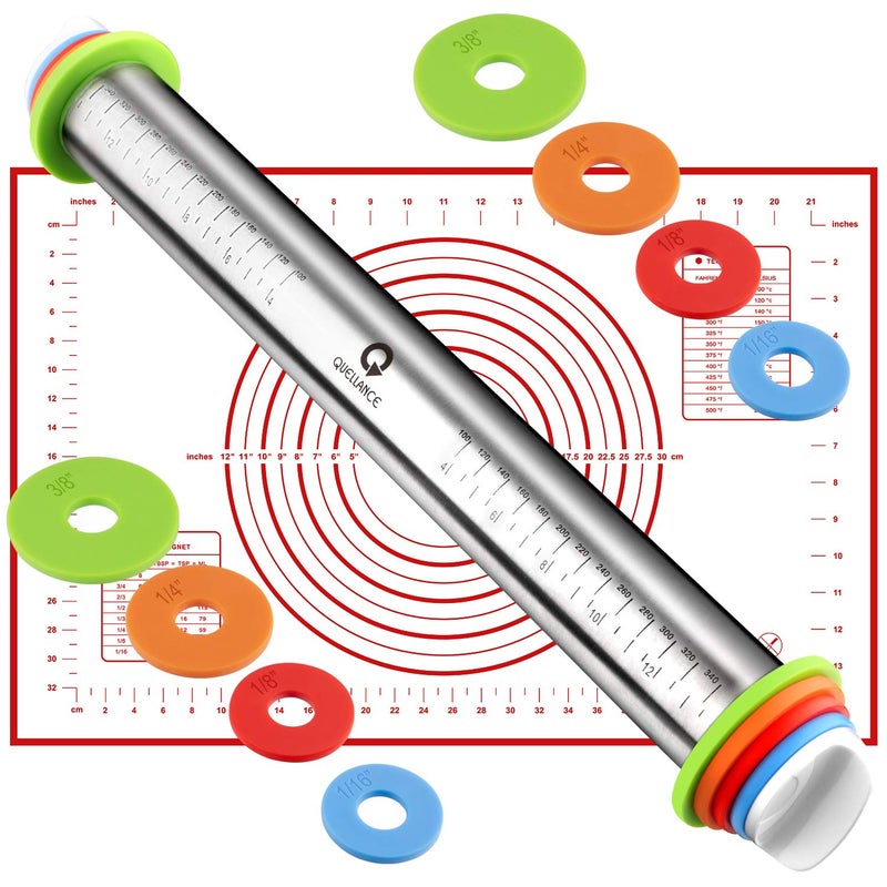 Rolling Pin and Pastry Baking Mat Set Rolling Pins with Adjustable Thickness Rings Stainless Steel Dough Roller for Baking Fondant Pizza Pie Pastry Pasta Cookies Red Mat
