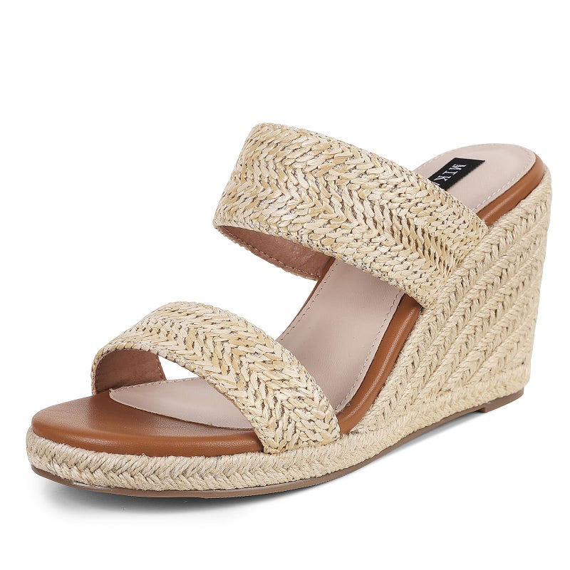 mikarka Slip On Wedge Sandals for Women Open Toe Espadrilles Platform Slides Dressy High Heel Beach Summer Sandal Comfortable Wedges Shoe Mules Natural Raffia US Size 9 - Image 1
