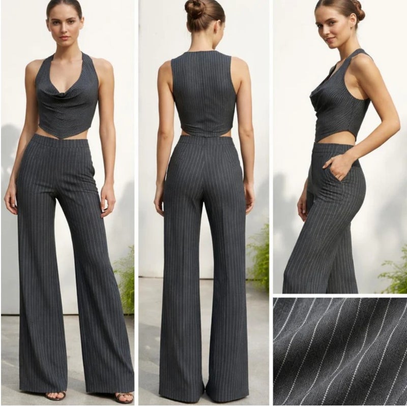 Aroma Aura Women's Pinstriped 2-Piece Set - Cowl Neck Halter Crop Top and High-Waist Wide-Leg Trousers, Charcoal Grey - Image 1