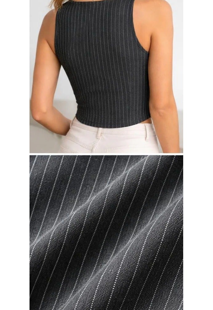 Aroma Aura Women's Pinstriped 2-Piece Set - Cowl Neck Halter Crop Top and High-Waist Wide-Leg Trousers, Charcoal Grey - Image 2