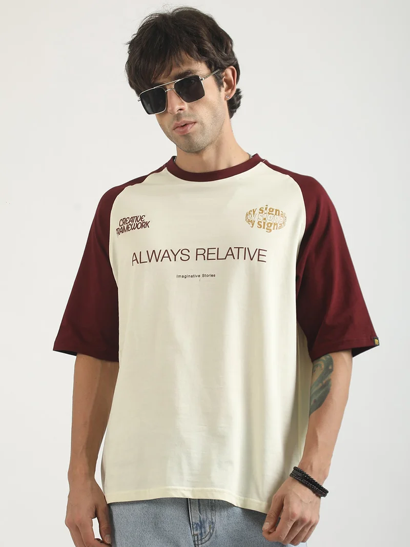 مانياك Maniac Mens Printed Round Neck Raglan Half Sleeve Brown Cotton T-Shirt