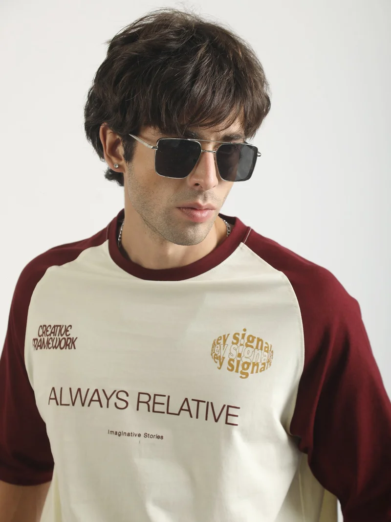 مانياك Maniac Mens Printed Round Neck Raglan Half Sleeve Brown Cotton T-Shirt