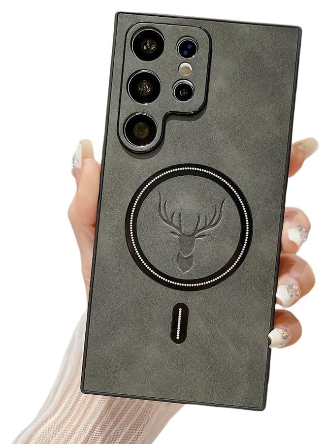 HY - Lambskin Leather Elk Pattern Case For Samsung S24 Ultra Shockproof Magnetic For Magsafe Wireless Charge Cover Soft Faux Leather Phone Case,[Compatible with Mag-Safe] Premium Protective Cover (Grey) - Image 1