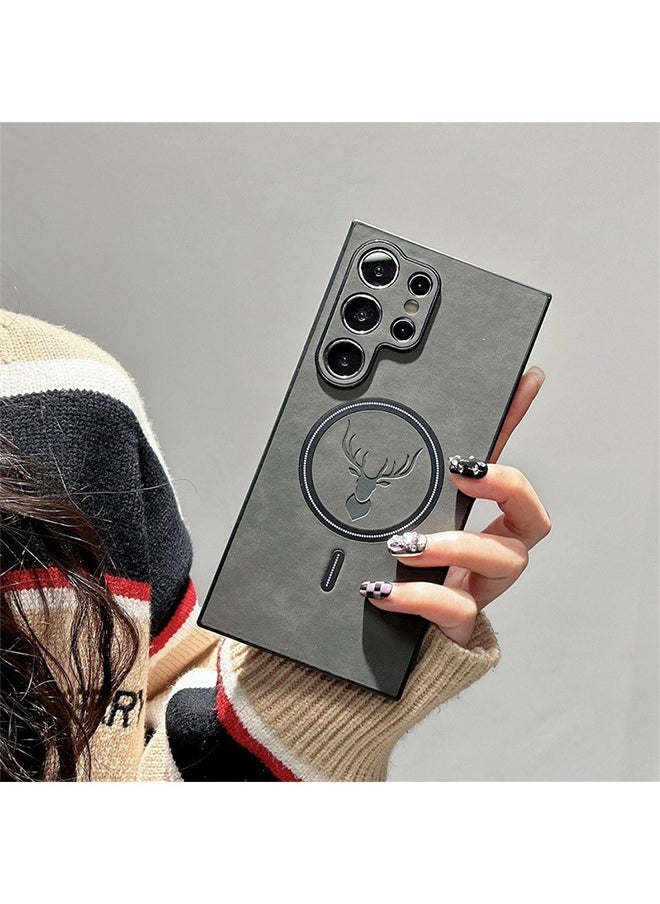 HY - Lambskin Leather Elk Pattern Case For Samsung S24 Ultra Shockproof Magnetic For Magsafe Wireless Charge Cover Soft Faux Leather Phone Case,[Compatible with Mag-Safe] Premium Protective Cover (Grey) - Image 1