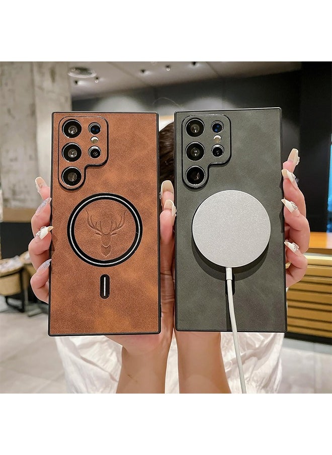 HY - Lambskin Leather Elk Pattern Case For Samsung S24 Ultra Shockproof Magnetic For Magsafe Wireless Charge Cover Soft Faux Leather Phone Case,[Compatible with Mag-Safe] Premium Protective Cover (Grey) - Image 1