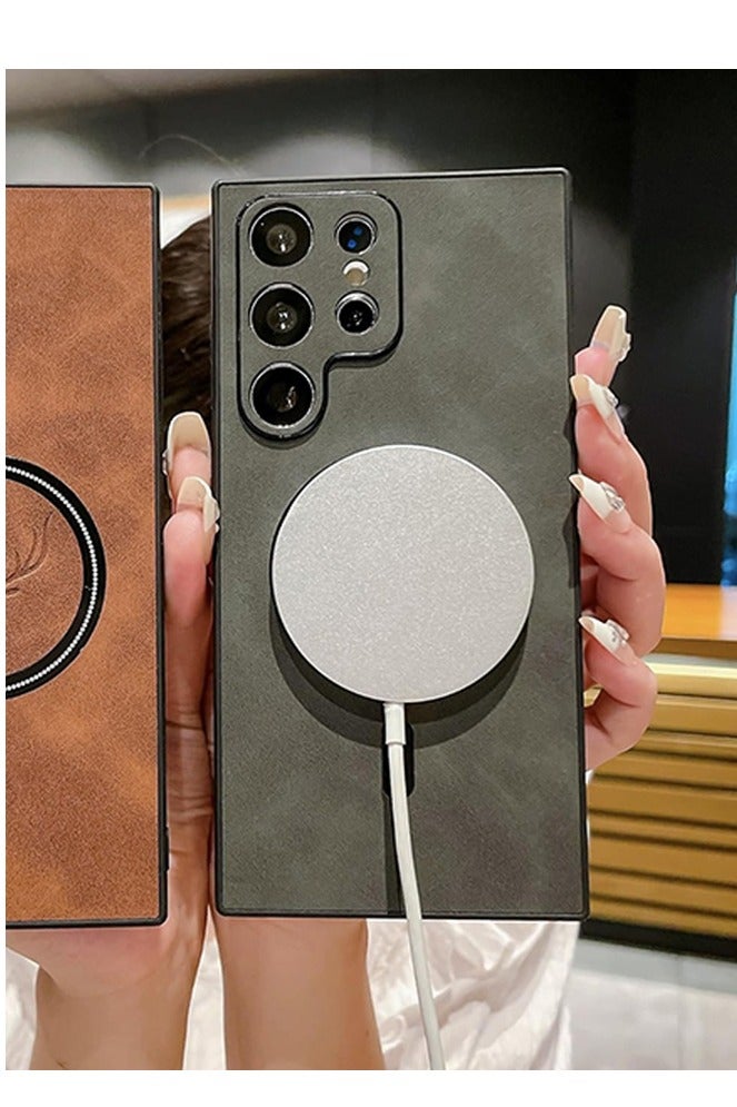 HY Lambskin Leather Elk Pattern Case For Samsung S24 Ultra Shockproof Magnetic For Magsafe Wireless Charge Cover Soft Faux Leather Phone Case,[Compatible with Mag-Safe] Premium Protective Cover (Grey) - Image 4