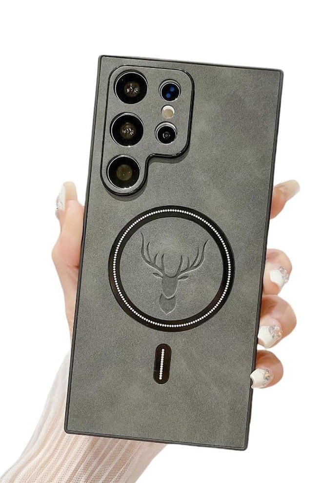 HY Lambskin Leather Elk Pattern Case For Samsung S24 Ultra Shockproof Magnetic For Magsafe Wireless Charge Cover Soft Faux Leather Phone Case,[Compatible with Mag-Safe] Premium Protective Cover (Grey) - Image 1