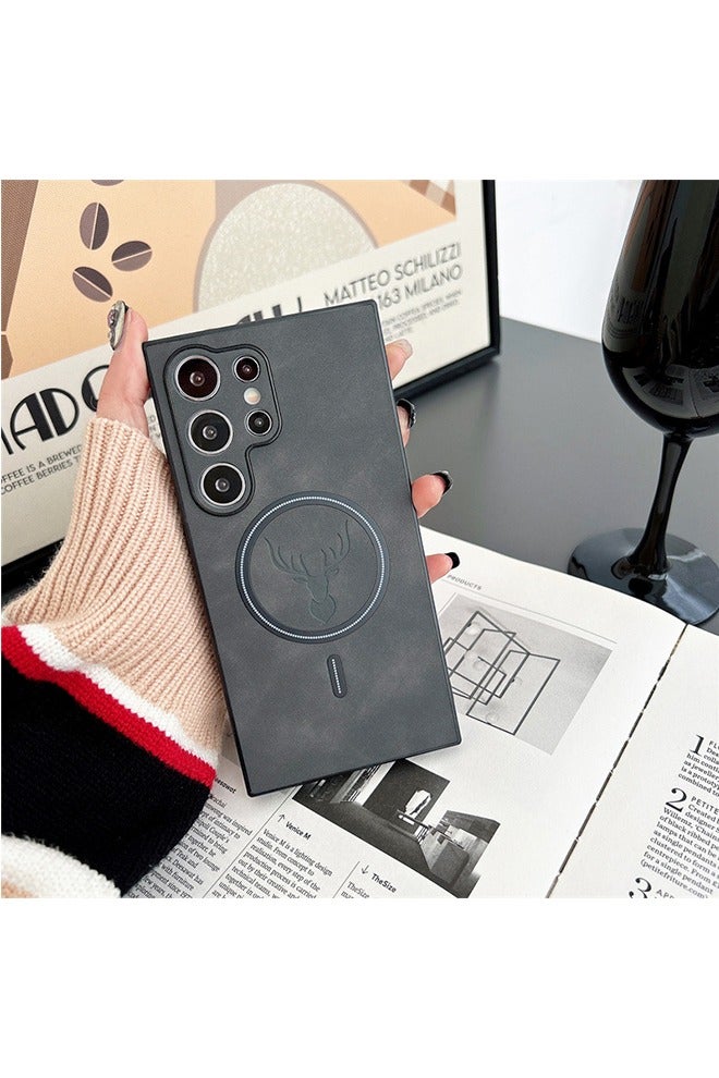 HY Lambskin Leather Elk Pattern Case For Samsung S24 Ultra Shockproof Magnetic For Magsafe Wireless Charge Cover Soft Faux Leather Phone Case,[Compatible with Mag-Safe] Premium Protective Cover (Grey) - Image 2