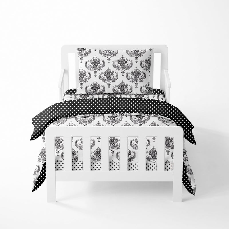 Bacati Bacati Classic Damask BlackWhite 4 Pc Neutral dler Bedding Set 100 Percent Cotton Includes Reversible Comforter Fitted Sheet Top Sheet and Pillow Case for BoysGirls
