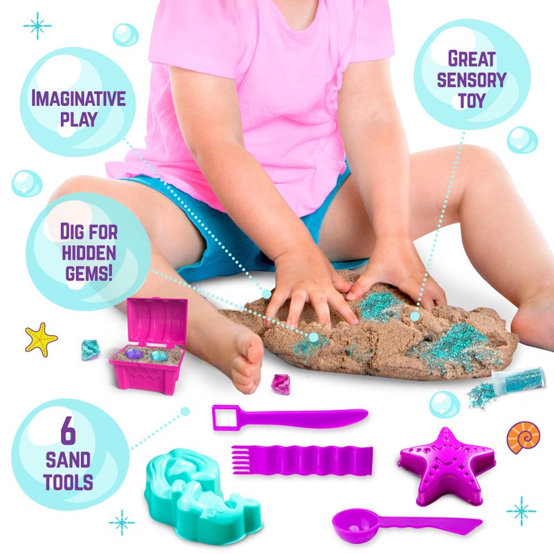 GirlZone Mermaid Sensory Sand Kit, 2lbs Moldable Play Sand for Kids Aged 3+, Magic Sand with Gems, Tools & Portable Treasure Chest, Kids Toys for Playdates, Party Games & Gifting - Image 5