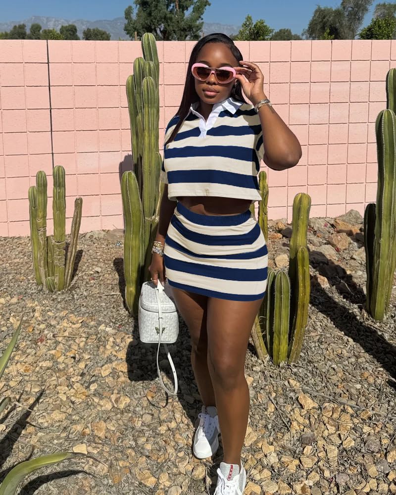 HBQ Women's Casual Two Piece Skirt Sets Polo Collar Crop Top Striped Mini Dress Summer Vacation-Stripe-XXL - Image 2