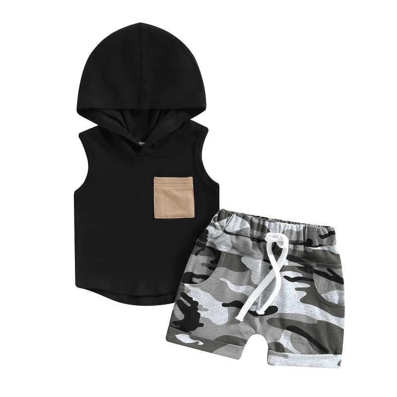 BemeyourBBs Baby Boy Summer Outfit Hooded Tank Top with Pocket and Elastic Waist Shorts Set Infant Boy Clothes (Camouflage 1,6-12 Months) - Image 1