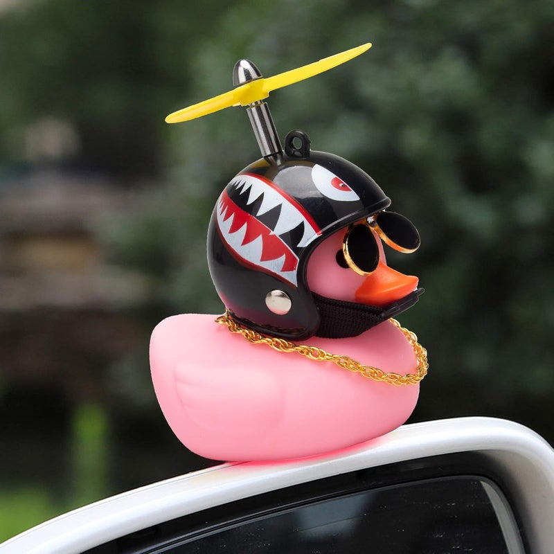 wonuu Pink Duck Car Dashboard Decorations Rubber Duck Car Ornaments Cool Duck with Propeller Helmet Sunglasses Gold Chain - Image 4