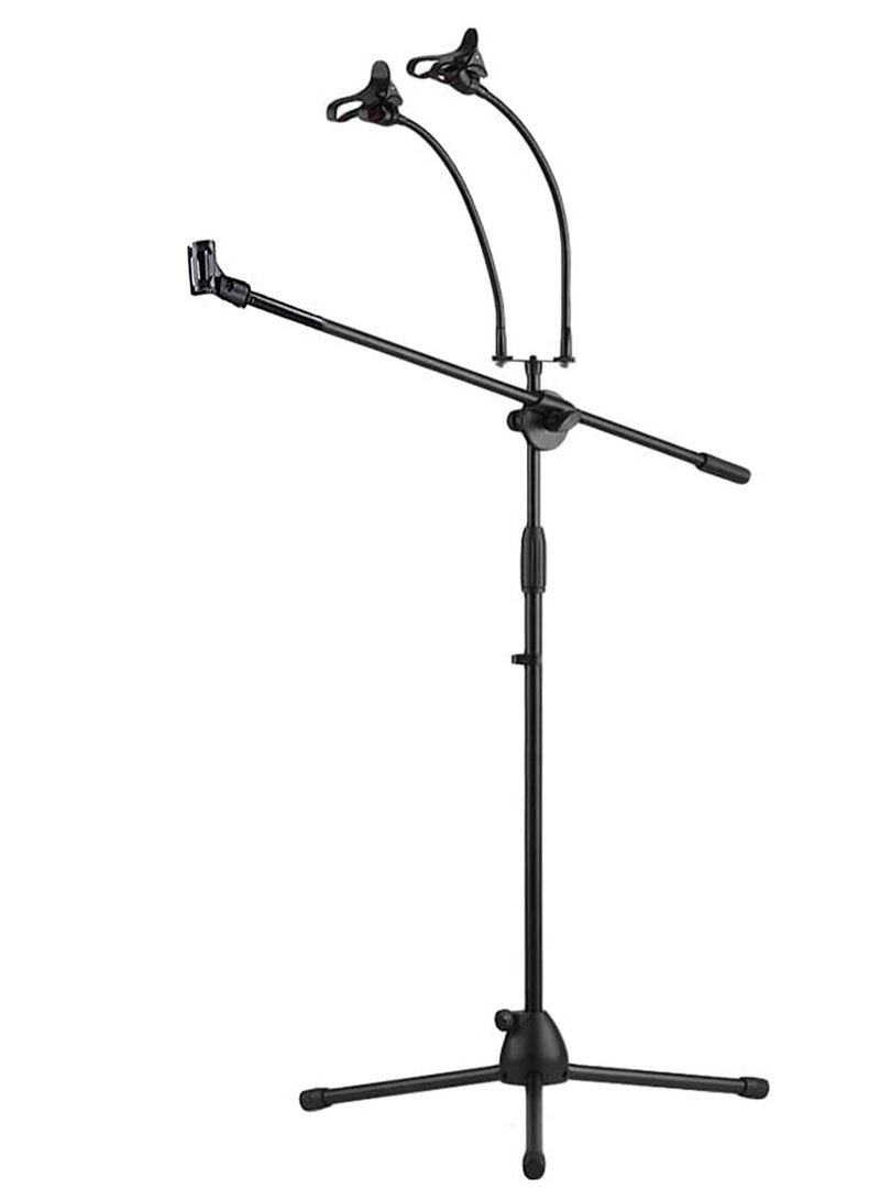 GT-Wheel Microphone tripod stand with Boom Arm Mic Holder & 2 Smartphone Holder Adjustable Height  - Image 1