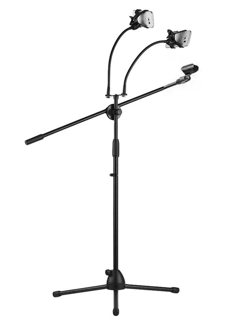 GT-Wheel Microphone tripod stand with Boom Arm Mic Holder & 2 Smartphone Holder Adjustable Height  - Image 4