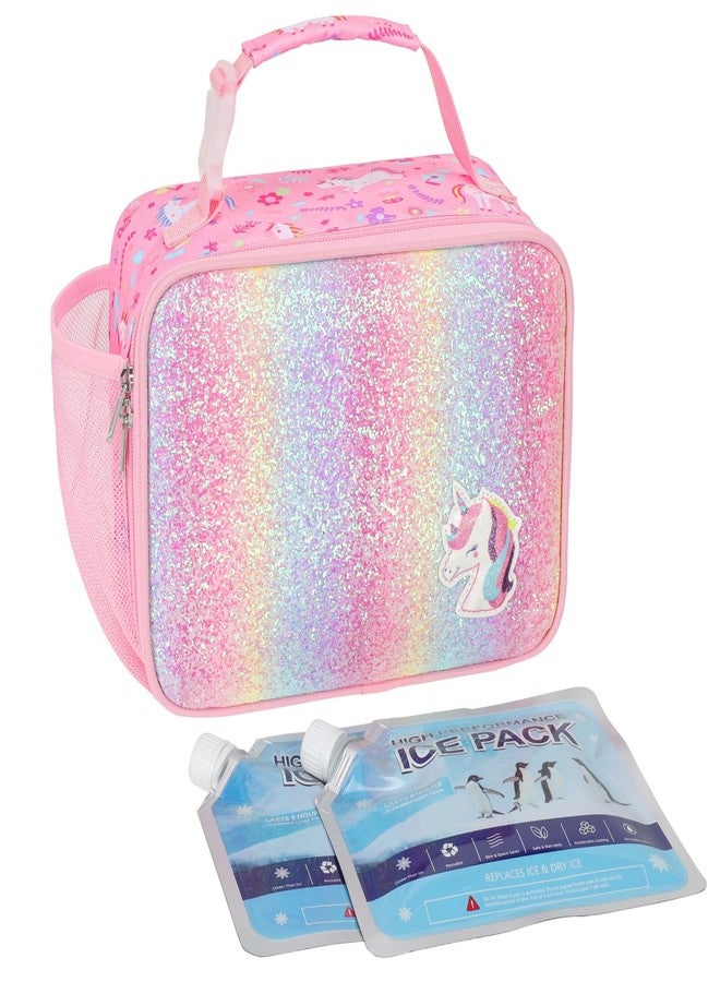 Bagseri Girls Lunch Bag with Ice Pack - Kids Lunch Box for Girls Reusable Leak-Proof and Insulated Kids Lunch Bag Toddler Lunch Box for Daycare and School, Glitter Pink Unicorn - Image 1