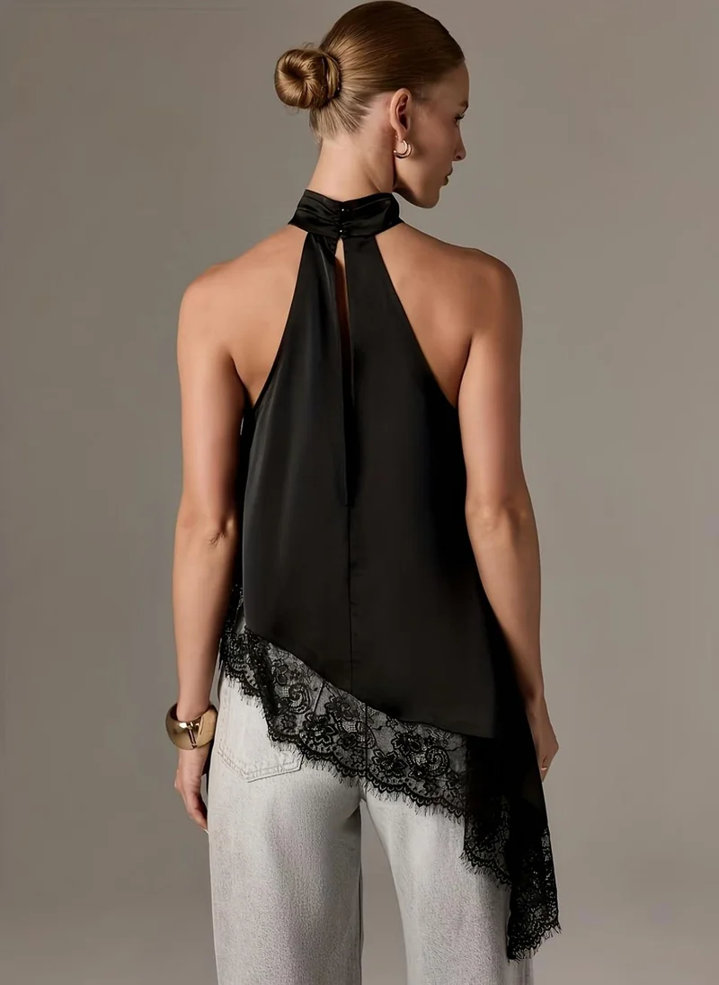 Take Two Black Brown Lace Trim Asymmetric Hem Top